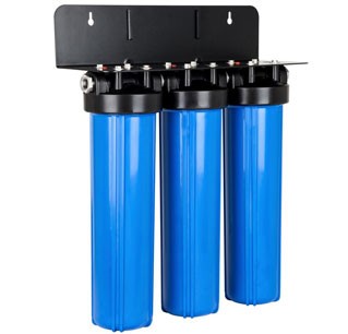 Blue home water filter tanks installed in a mount